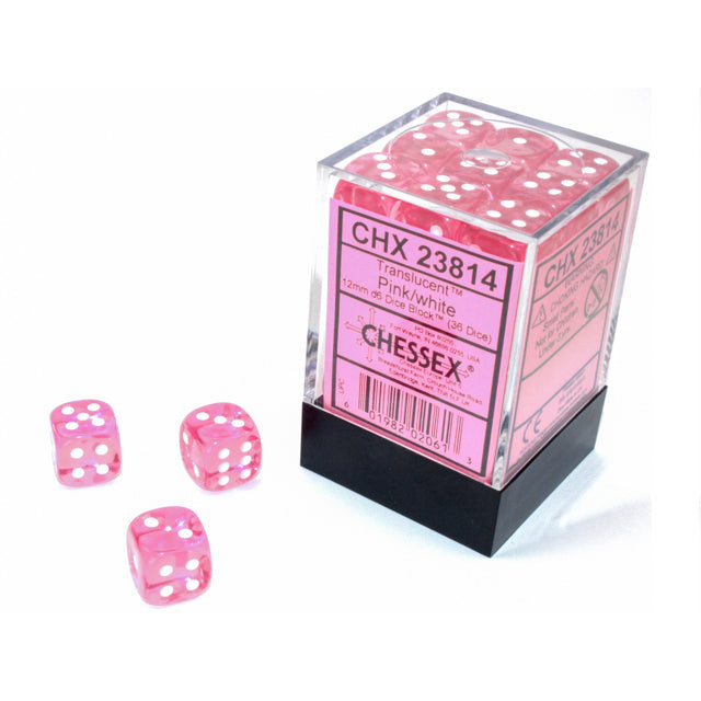 CHX23814 Translucent Pink/white 12mm d6 Dice