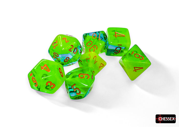 CHX26470 Gemini Plasma Green-Teal/orange Luminary Polyhedral 7-Dice Set