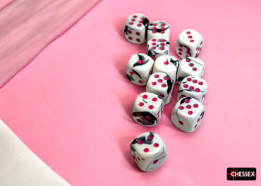 CHX 26669 Gemini Black-White/pink 16mm d6 Dice Block 12 dice set