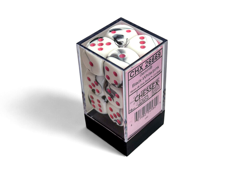 CHX 26669 Gemini Black-White/pink 16mm d6 Dice Block 12 dice set