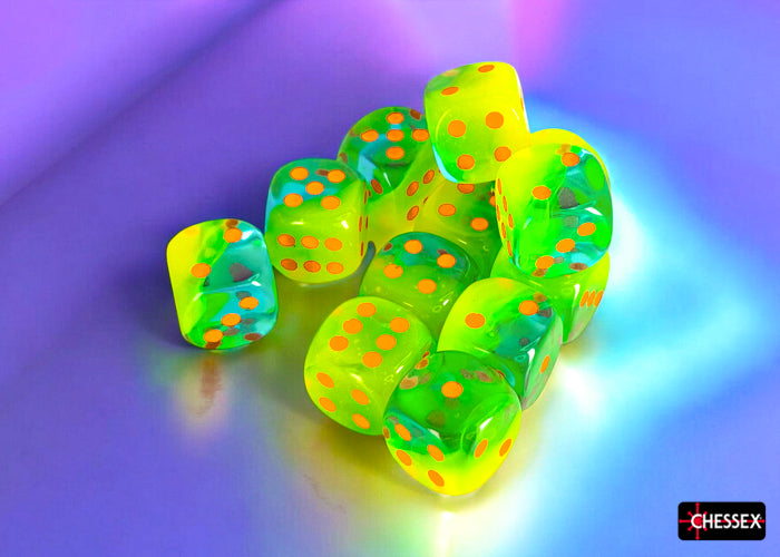 CHX 26670 Gemini Plasma Green-Teal/orange Luminary 16mm d6 Dice Block 12 dice set