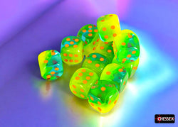 CHX 26670 Gemini Plasma Green-Teal/orange Luminary 16mm d6 Dice Block 12 dice set