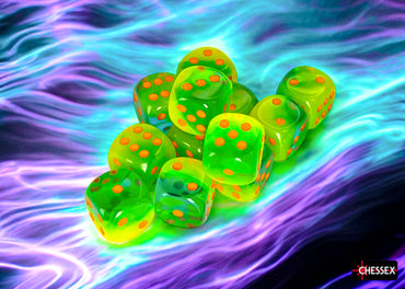CHX 26670 Gemini Plasma Green-Teal/orange Luminary 16mm d6 Dice Block 12 dice set