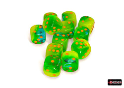 CHX 26670 Gemini Plasma Green-Teal/orange Luminary 16mm d6 Dice Block 12 dice set