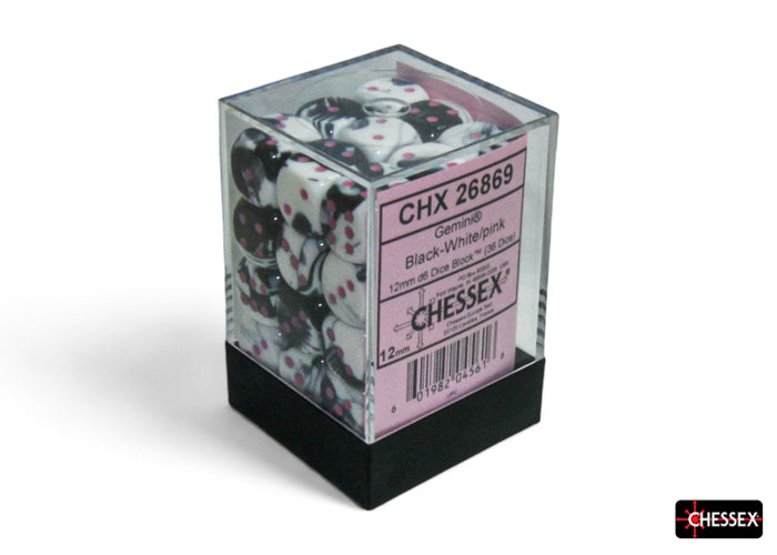 CHX 26869 Gemini Black-White/pink 12mm d6 Dice Block 36 dice set