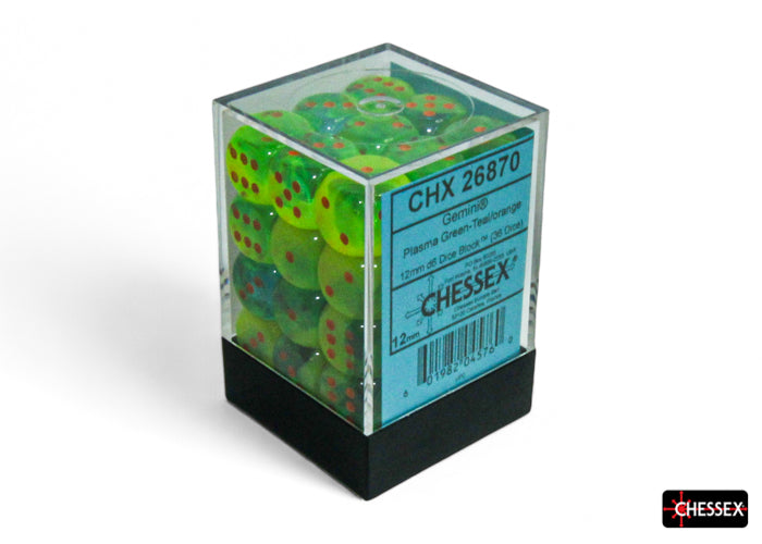 CHX 26870 Gemini Plasma Green-Teal/orange Luminary 12mm d6 Dice Block 36 dice set