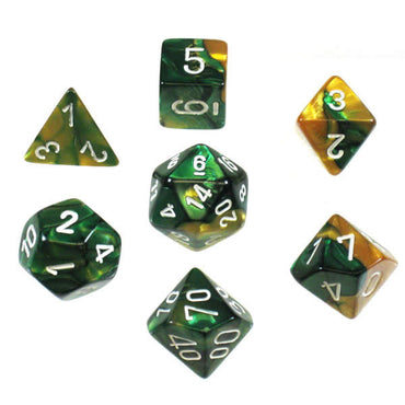 CHX26425 Gemini Gold-Green/white Polyhedral Dice