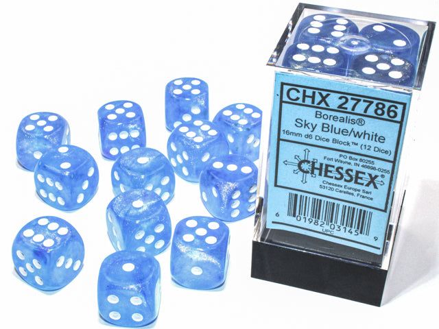 CHX27786 D6 Sky Blue/White Borealis Dice Set - 16mm