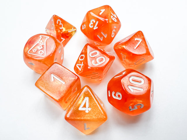 CHX30052 Polyhedral Lab Dice 6 Borealis Blood Orange/white Luminary Test Tube
