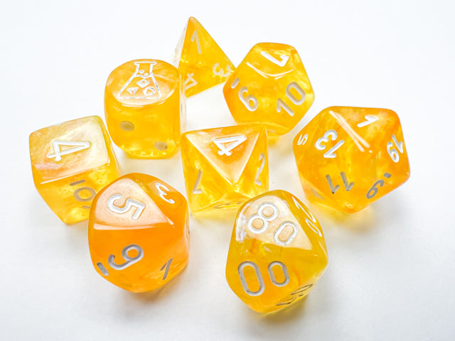 CHX30053 Polyhedral Lab Dice 6 Borealis Canary/white Luminary Test Tube