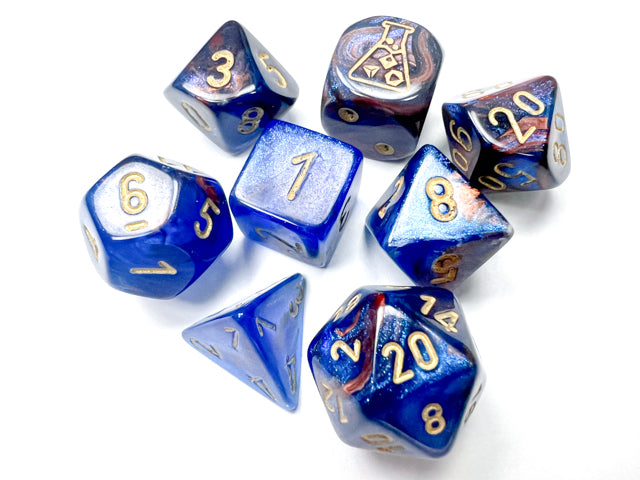 CHX30055 Polyhedral Lab Dice 6 Azurite/gold Test Tube