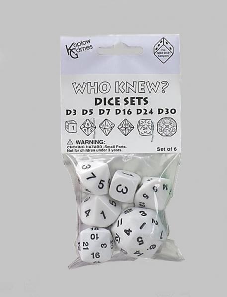 Who Knew? White Black w/White Dice Set [d3, d5, d7, d16, d24, d30]
